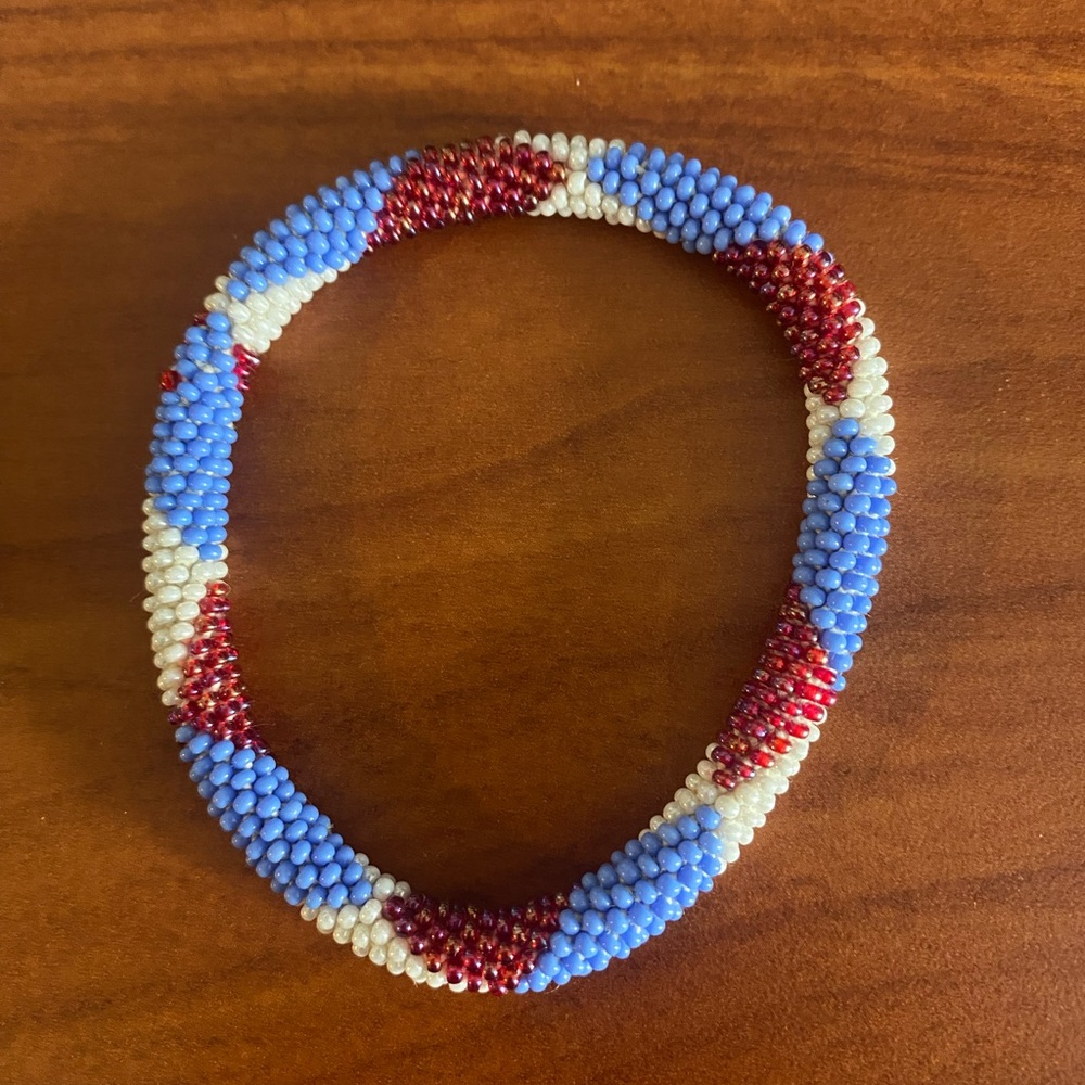 Red, white, and periwinkle blue Crochet seed bead bracelet